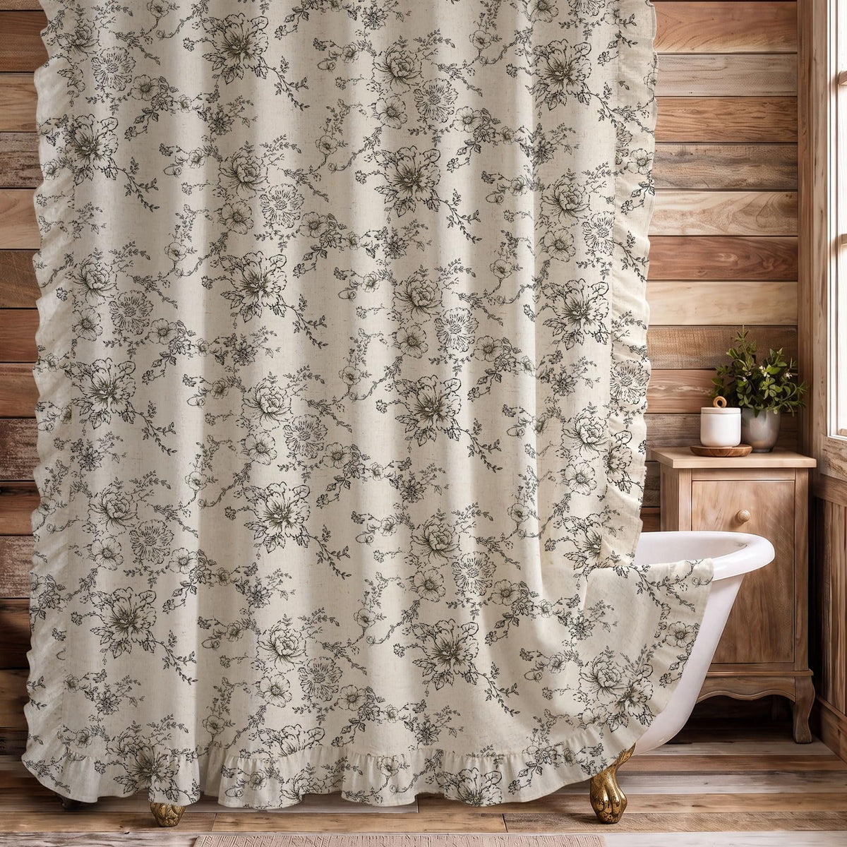 Farmhouse Floral Vintage Shower Curtain for Bathroom, Black and Tan Taupe