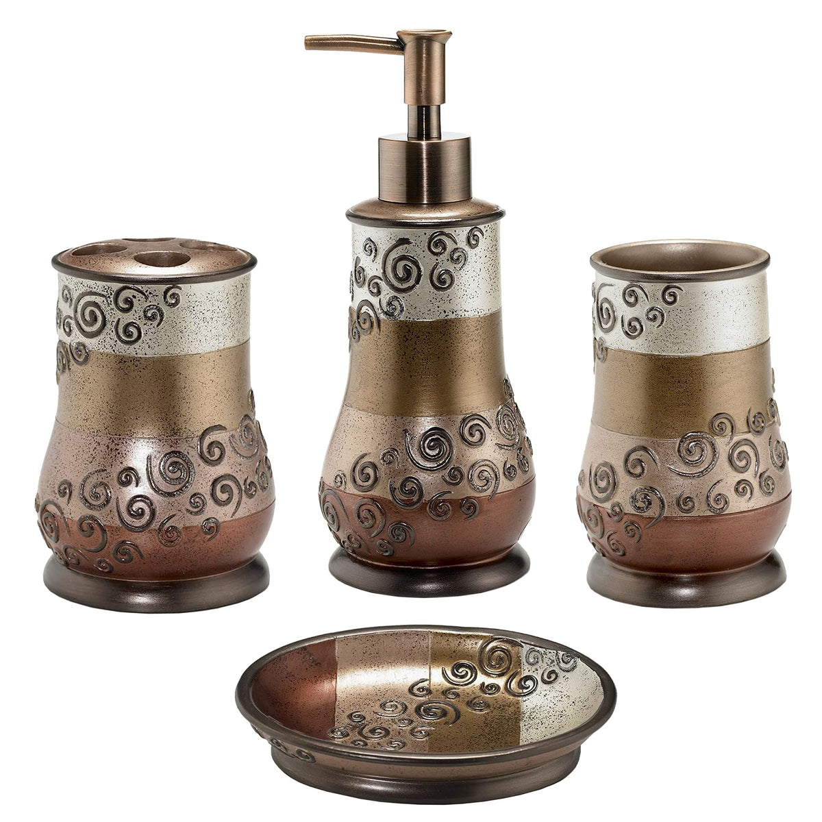 Zahari Home 4pc Modern Line Modern Bathroom Accessories Set Modern Soap Dispenser, Tumbler, Tooth Brush Holder and Dish Soap Holder Luxury Contemporary Grey Decor Unique Design Luxury Bath Set