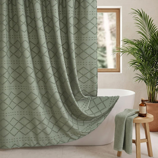 Siiluminisoy Sage Green Boho Shower Curtain Fabric Shower Curtain, 72 x 72 Tufted Chevron Textured Striped Modern Farmhouse Minimalist Cloth for Bathroom
