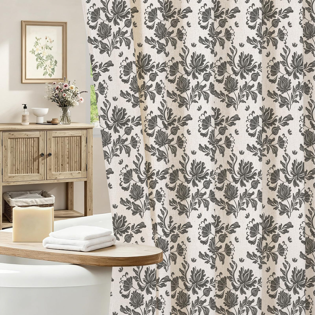 MitoVilla Sage Linen Farmhouse Shower Curtain, Vintage Boho Floral 72x72