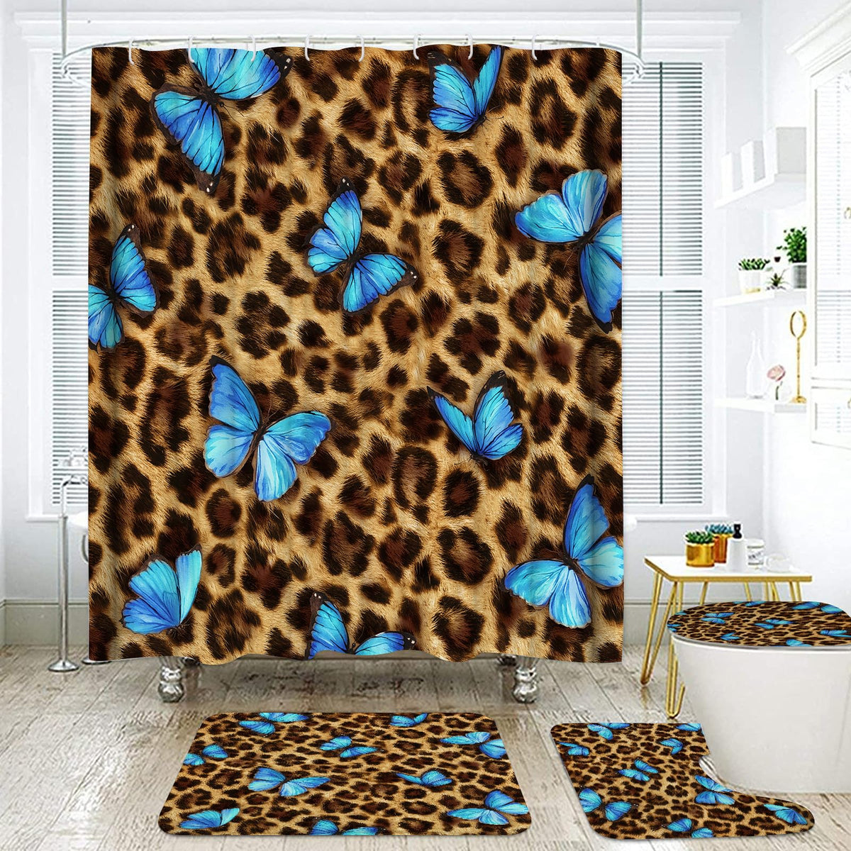 Leopard Shower Curtain 4Pcs Cheetah Print Shower Curtain Sets with Rugs