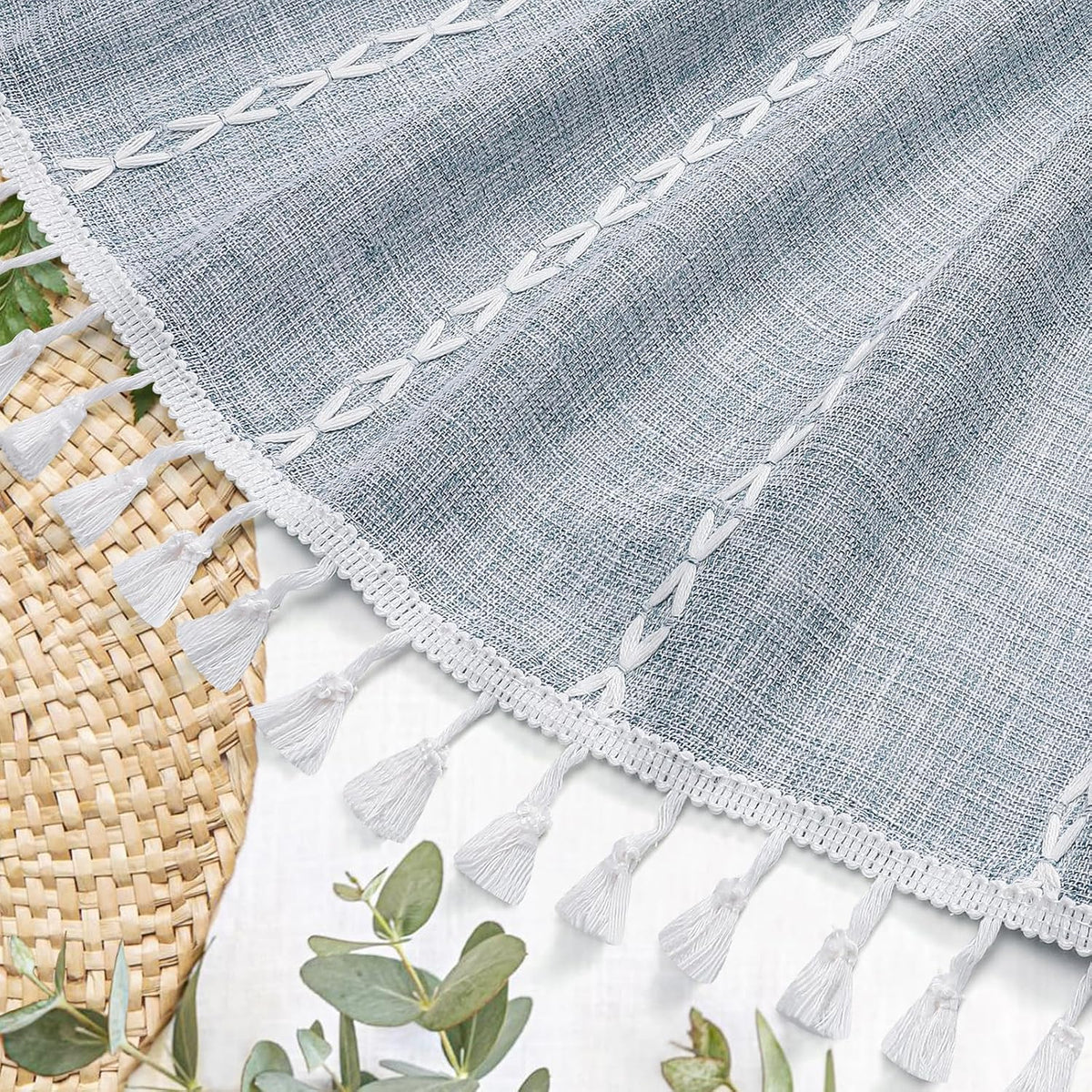 Boho Farmhouse Tassel Linen Shower Curtain,3D Embroidery Stripe Blue,72x72