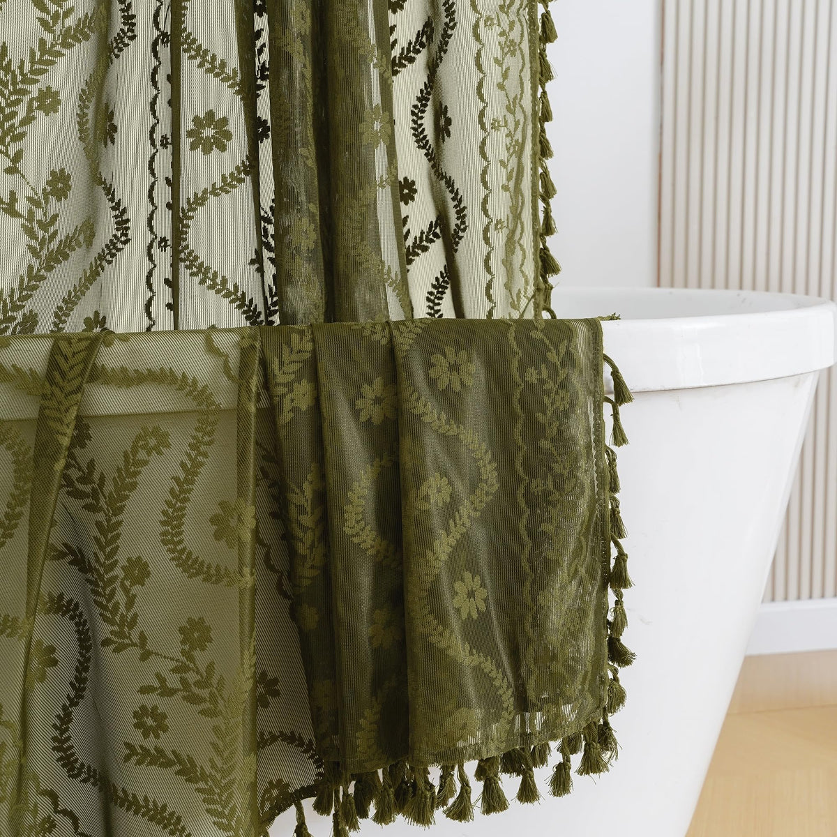 WAZZIO Terracotta Lace Shower Curtain for Bathroom 72" W x 84" L, Victorian Farmhouse Floral Pattern Tassel Fancy Shower Curtain Boho Washable Cloth Decorative Bath Curtains,1 Panel