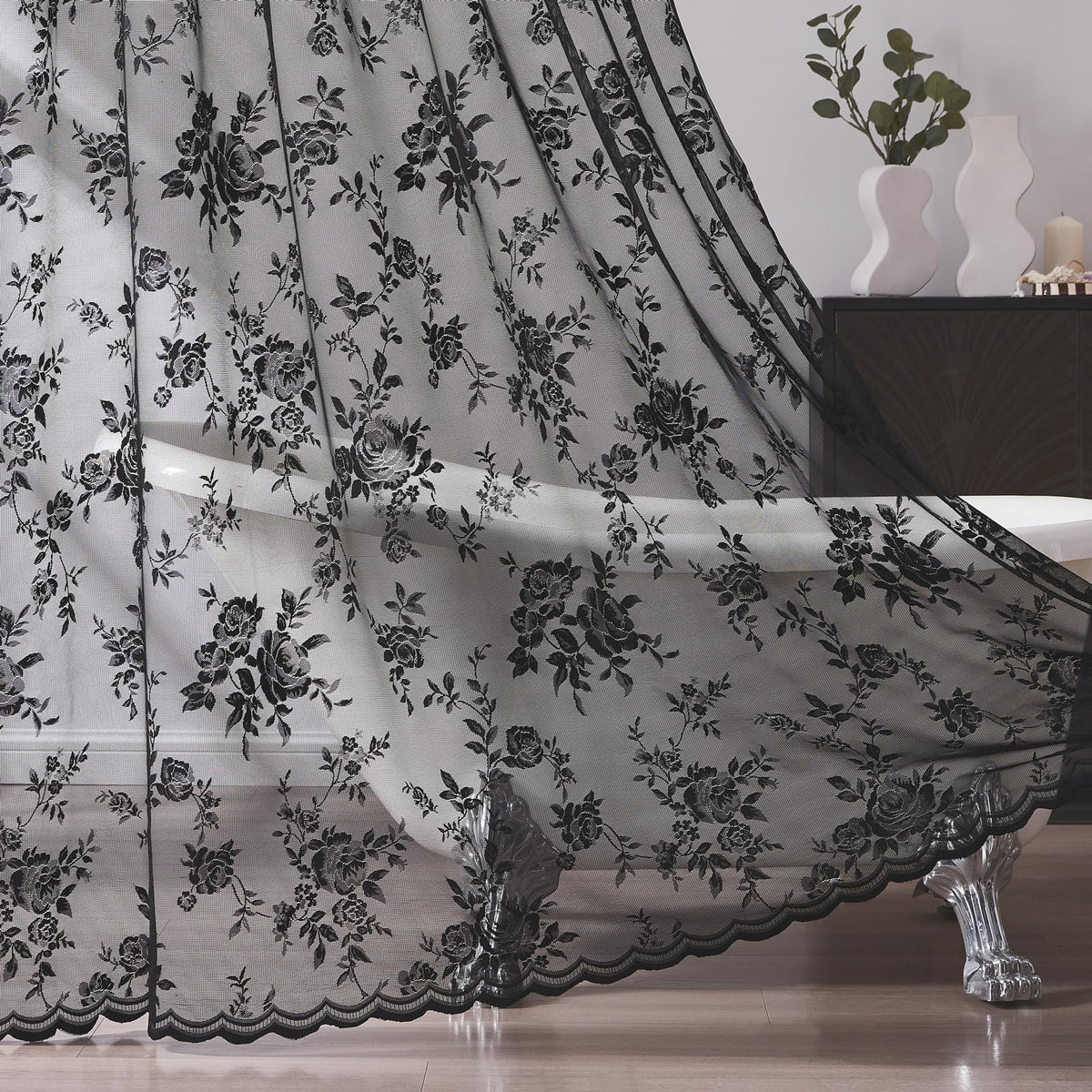Beige Lace Shower Curtain with Attached Valance Decorative Vintage Floral Shower Curtain for Bathroom Spa Boho Cottagecore Decor Scalloped Edge Shabby Chic Bath Curtains Spa-like Hotel, 72 x 72 Inch