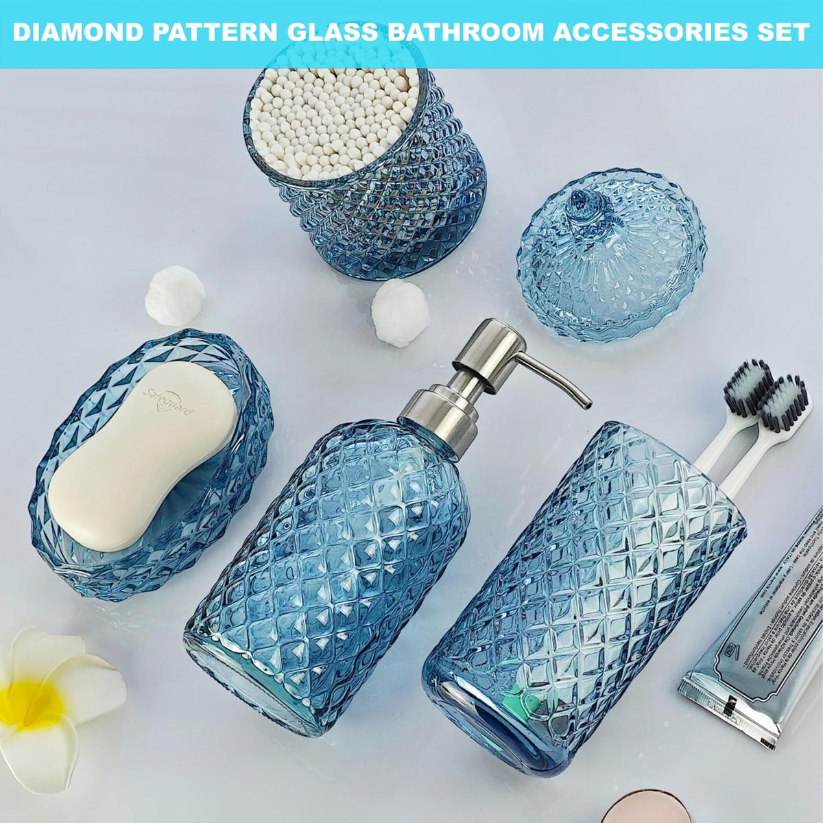 LaMarriti Blue Bathroom Accessories Set, 4Pcs Clear Glass Bathroom Set