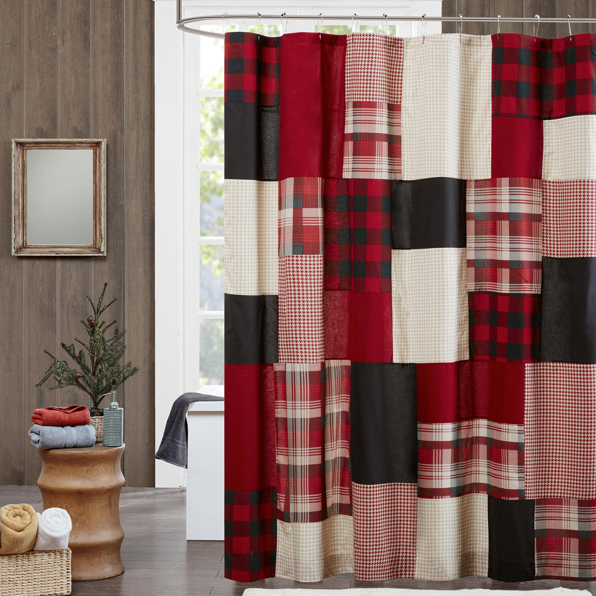 Woolrich Winter Hills 100% Cotton Shower Curtain, Cabin Lodge Plaid Pieced Design, Farmhouse Bathroom Decor, Machine Washable, Fabric Privacy Screen 72x72, Tan/Blue