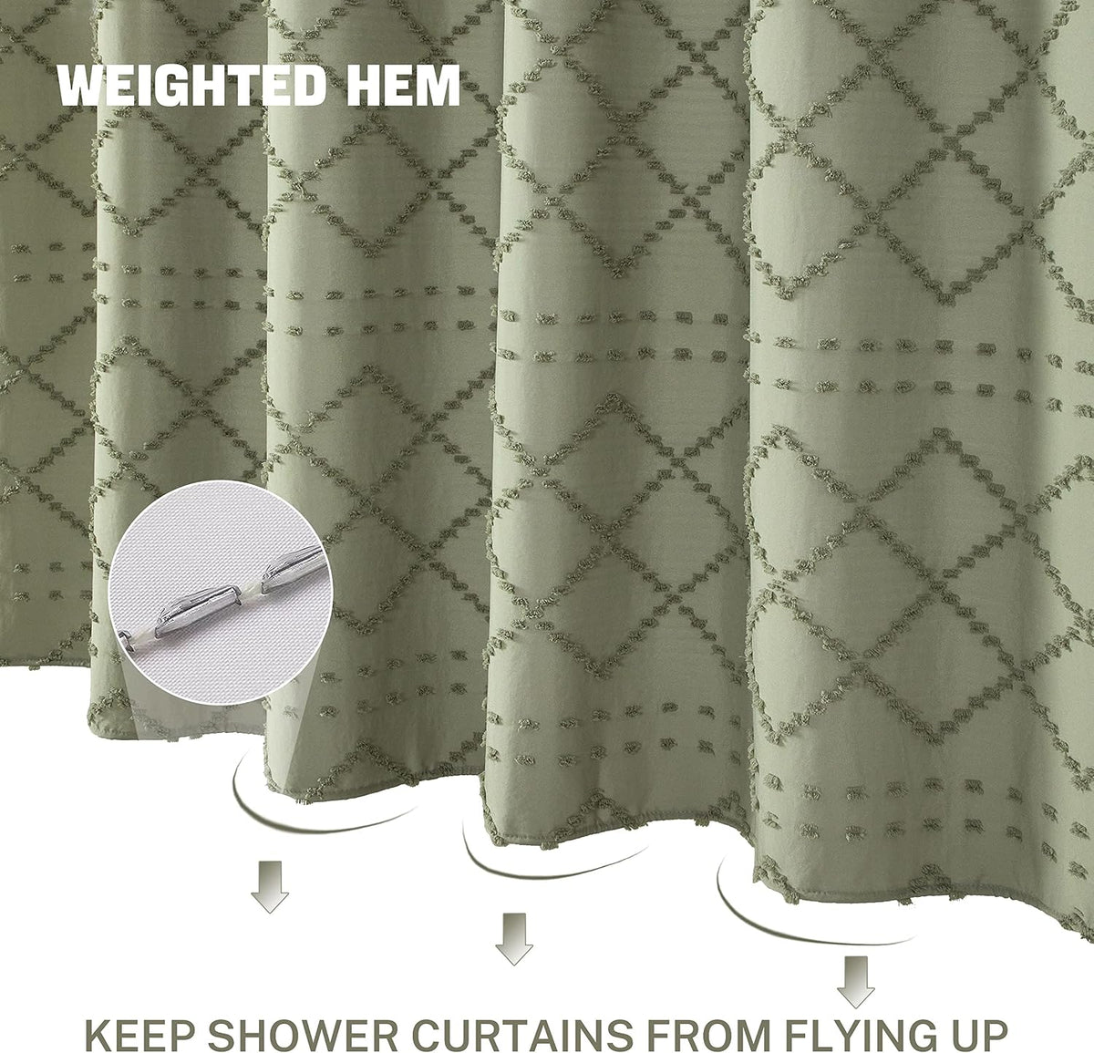 Siiluminisoy Sage Green Boho Shower Curtain Fabric Shower Curtain, 72 x 72 Tufted Chevron Textured Striped Modern Farmhouse Minimalist Cloth for Bathroom