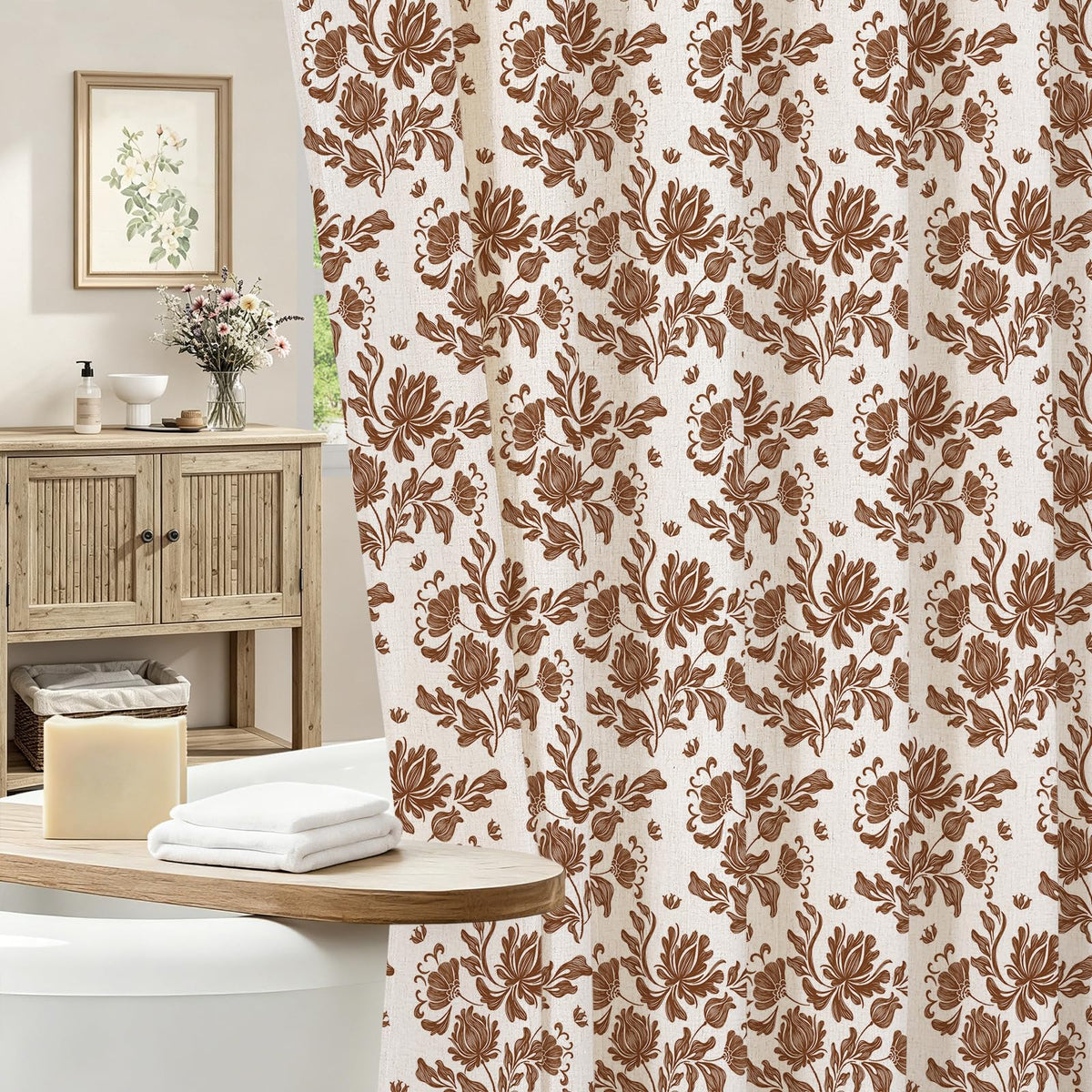 MitoVilla Sage Linen Farmhouse Shower Curtain, Vintage Boho Floral 72x72