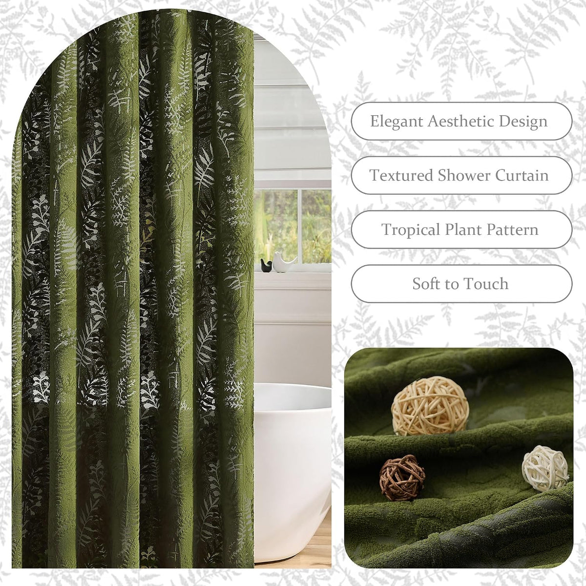 Olive Green Shower Curtain Lace Tropical Plant Textured Shower Curtain Sheer Farmhouse Fabric Shower Curtains for Bathroom 72 x 72