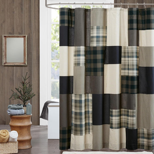 Woolrich Winter Hills 100% Cotton Shower Curtain, Cabin Lodge Plaid Pieced Design, Farmhouse Bathroom Decor, Machine Washable, Fabric Privacy Screen 72x72, Tan/Blue