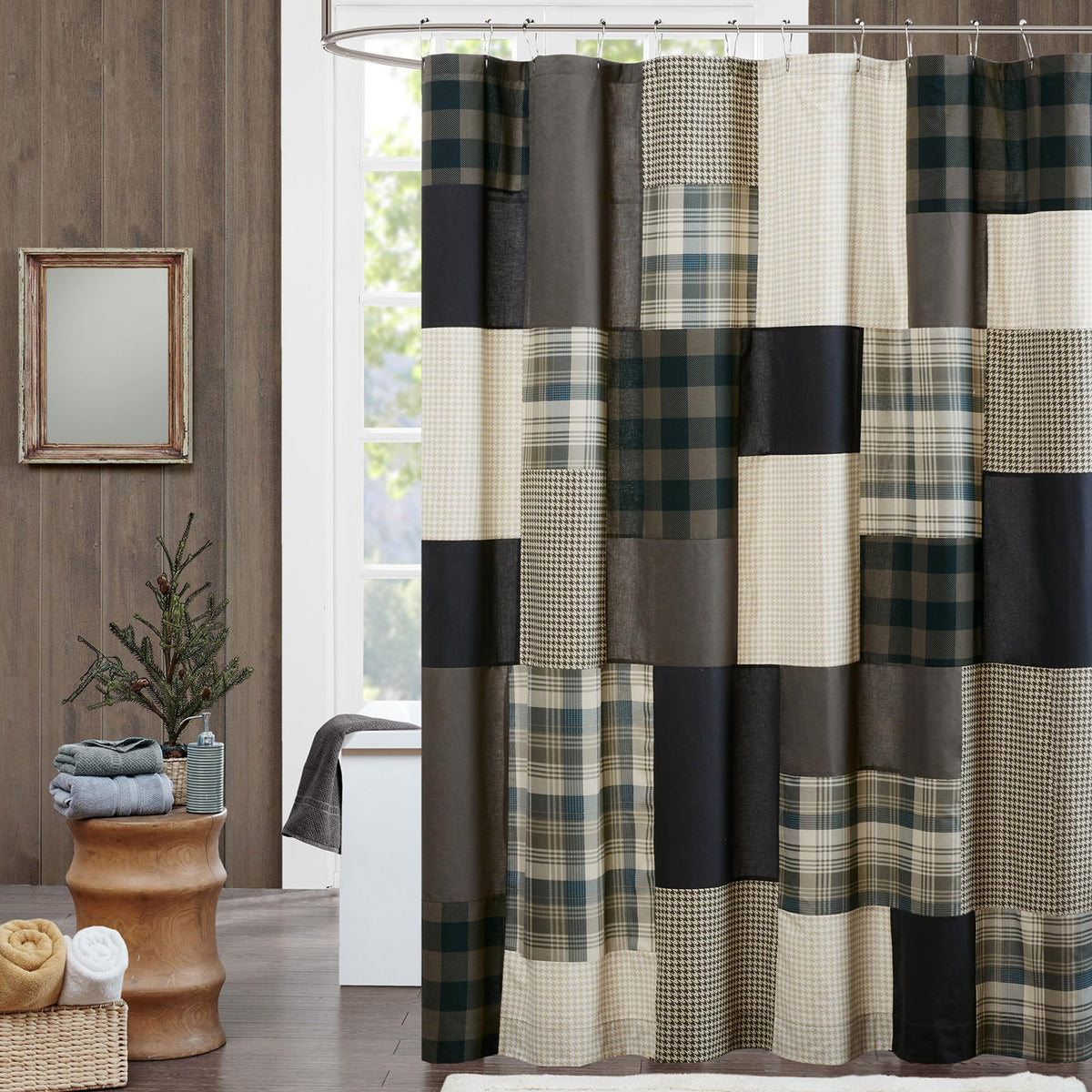 Woolrich Winter Hills 100% Cotton Shower Curtain, Cabin Lodge Plaid Pieced Design, Farmhouse Bathroom Decor, Machine Washable, Fabric Privacy Screen 72x72, Tan/Blue