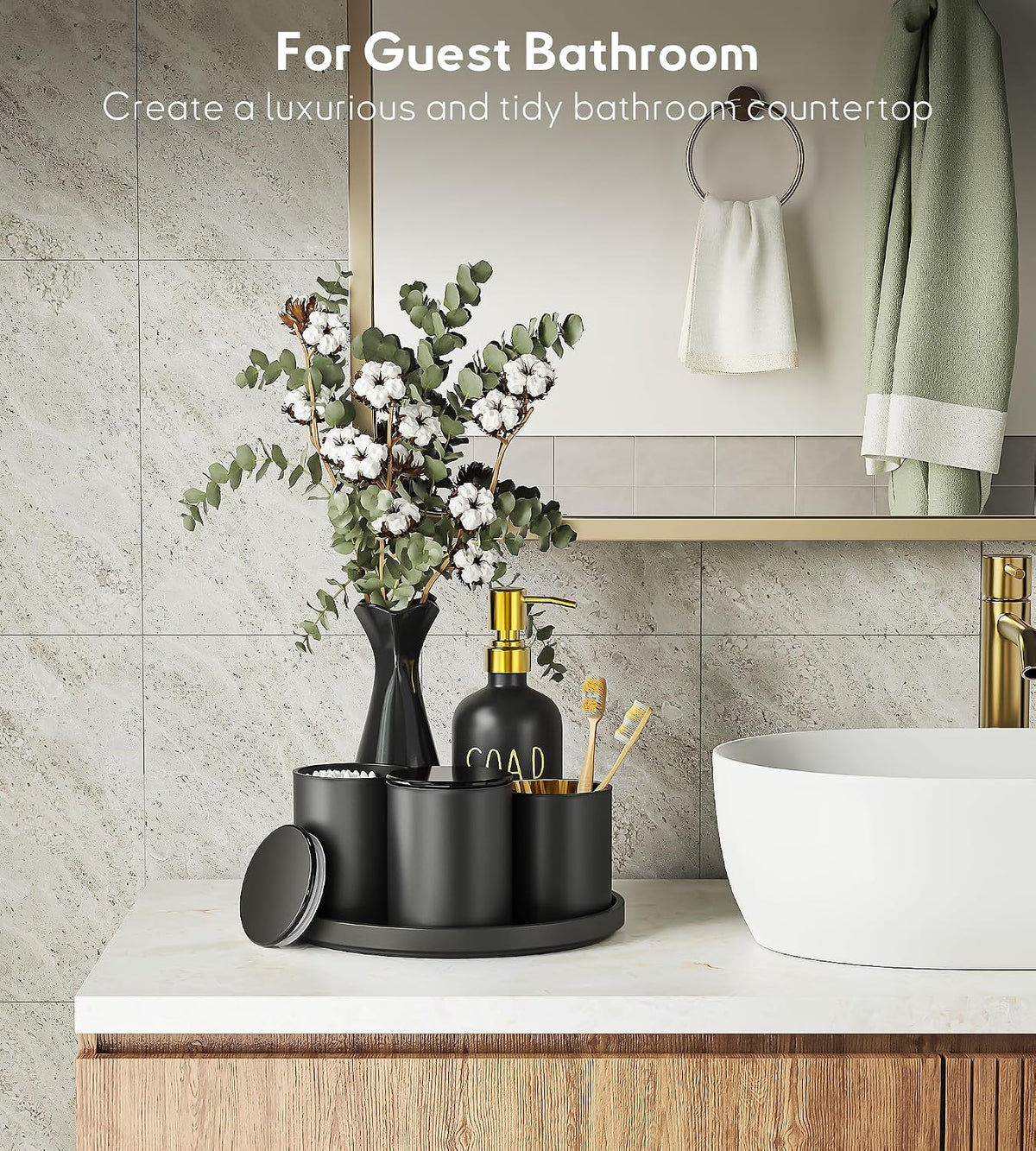 Black Bathroom Accessories Set with Tray, 6pcs Matte Black Bathroom Accessory Sets, Glass Soap Dispenser and Toothbrush Holder Set, Qtip Holder, Ceramic Flower Vase, Bathroom Set Decor