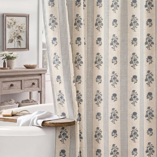 Light Blue Cottagecore Floral Linen Shower Curtain, 72" x 72"
