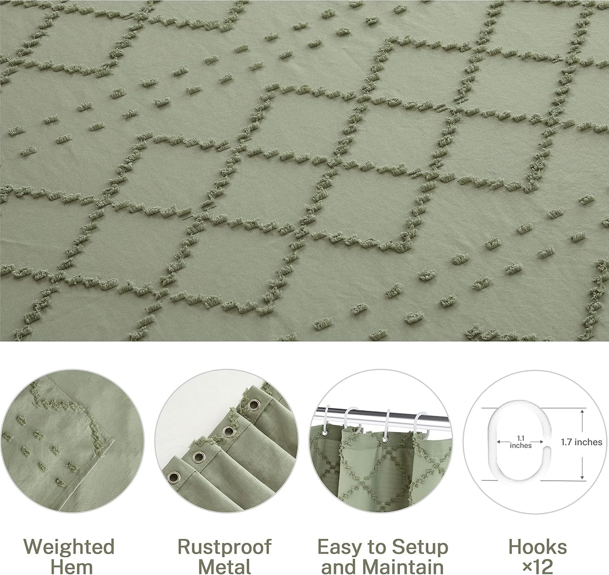 Siiluminisoy Sage Green Boho Shower Curtain Fabric Shower Curtain, 72 x 72 Tufted Chevron Textured Striped Modern Farmhouse Minimalist Cloth for Bathroom