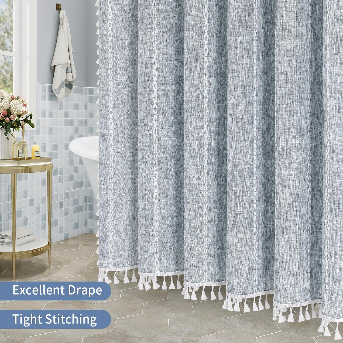 Boho Farmhouse Tassel Linen Shower Curtain,3D Embroidery Stripe Blue,72x72