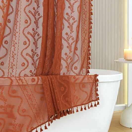 WAZZIO Terracotta Lace Shower Curtain for Bathroom 72" W x 84" L, Victorian Farmhouse Floral Pattern Tassel Fancy Shower Curtain Boho Washable Cloth Decorative Bath Curtains,1 Panel