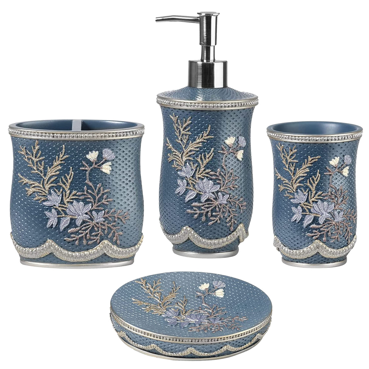 Zahari Home 4pc Modern Line Modern Bathroom Accessories Set Modern Soap Dispenser, Tumbler, Tooth Brush Holder and Dish Soap Holder Luxury Contemporary Grey Decor Unique Design Luxury Bath Set