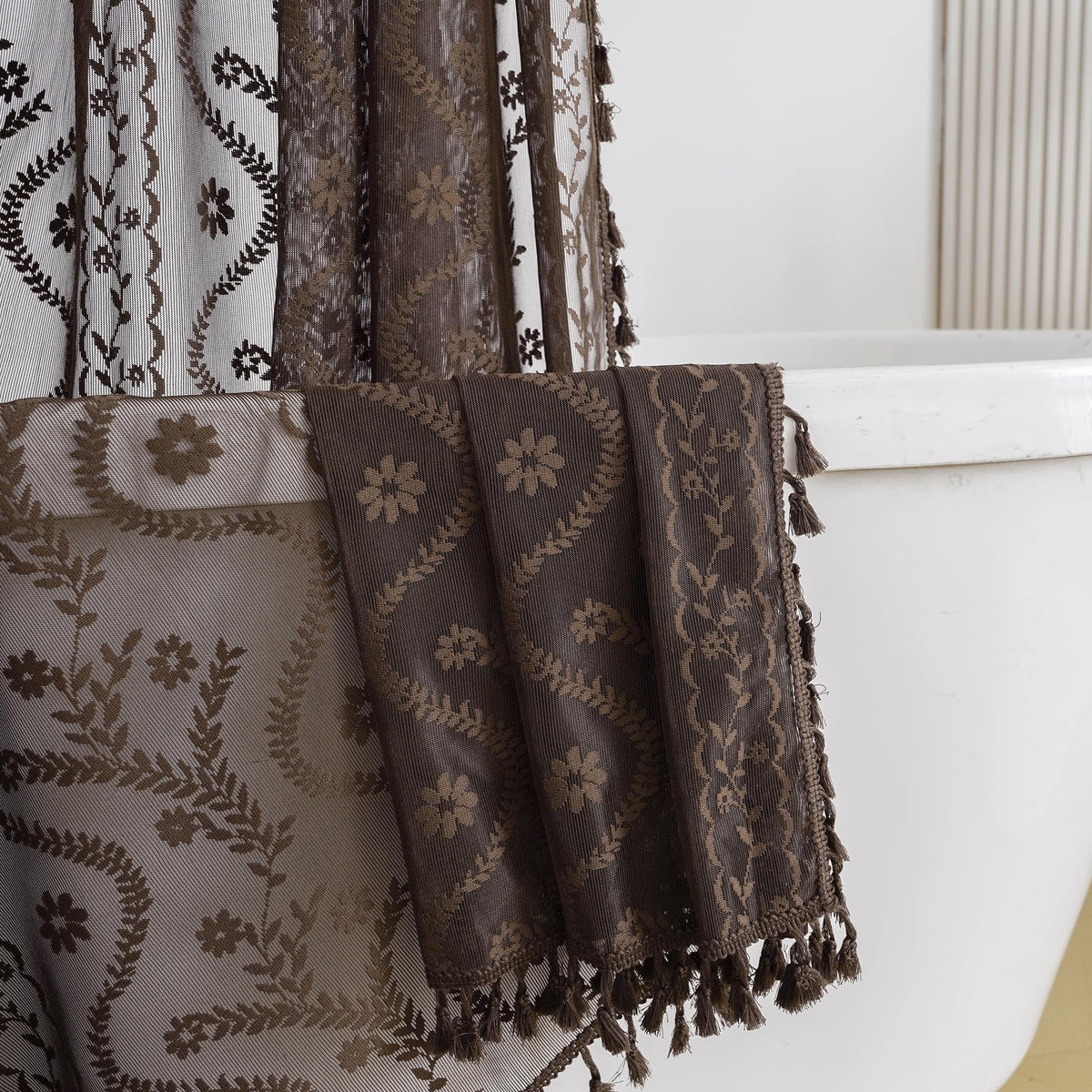 WAZZIO Terracotta Lace Shower Curtain for Bathroom 72" W x 84" L, Victorian Farmhouse Floral Pattern Tassel Fancy Shower Curtain Boho Washable Cloth Decorative Bath Curtains,1 Panel