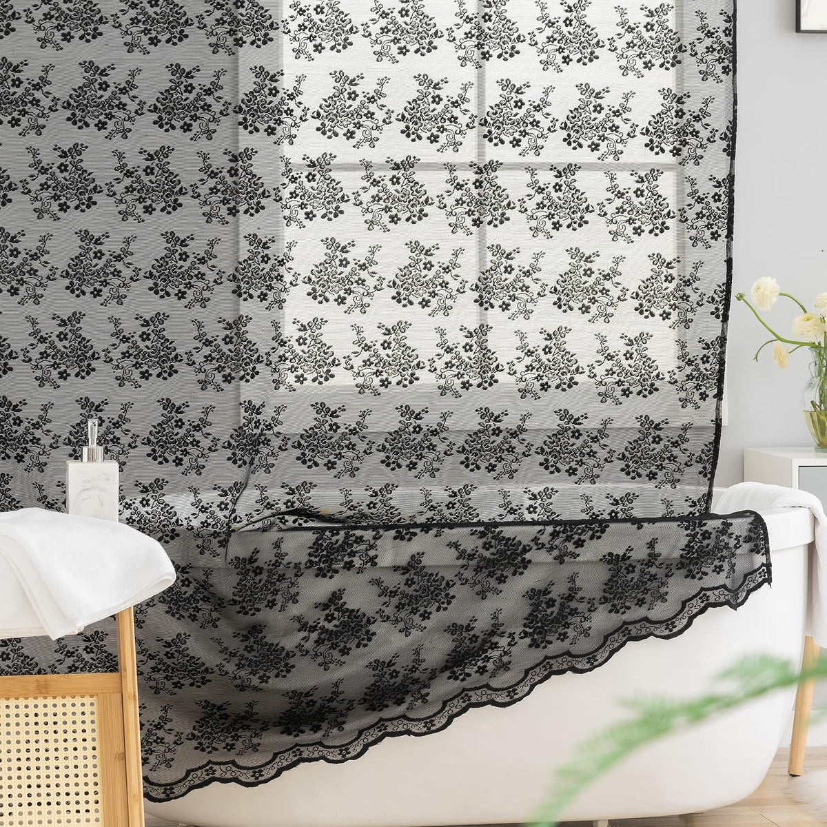TUDECO Black Lace Shower Curtain with Valance, Gothic Style, 72 x 72 Inch