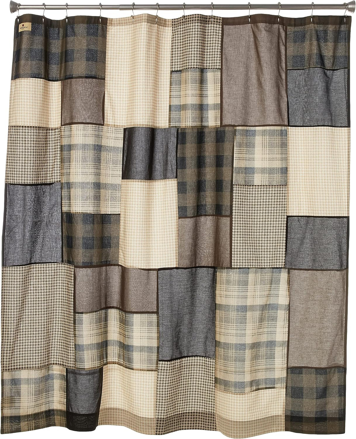 Woolrich Winter Hills 100% Cotton Shower Curtain, Cabin Lodge Plaid Pieced Design, Farmhouse Bathroom Decor, Machine Washable, Fabric Privacy Screen 72x72, Tan/Blue